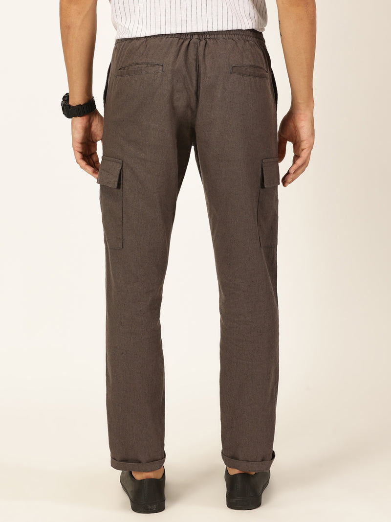 Thomas Scott Men Grey Straight Fit Mid-Rise Cotton Linen Solid Woven Cargo Trouser