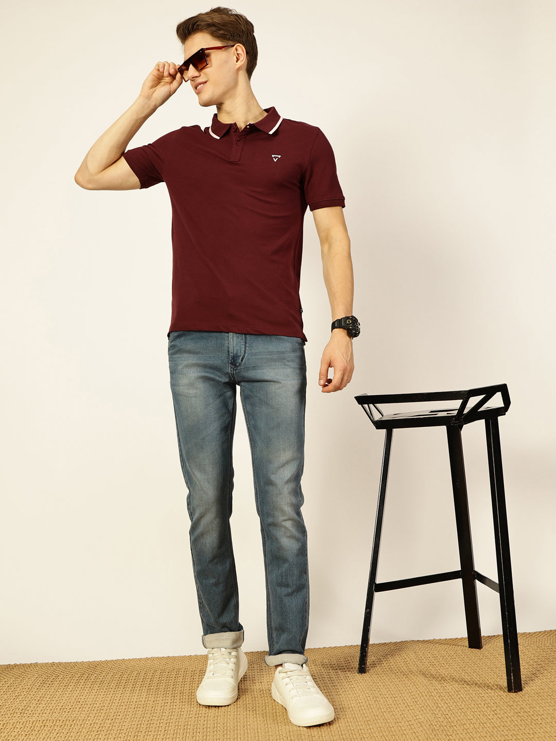 Thomas Scott Men Burgundy Short Sleeves Regular Fit Solid Polo Collar Knitted T-shirt