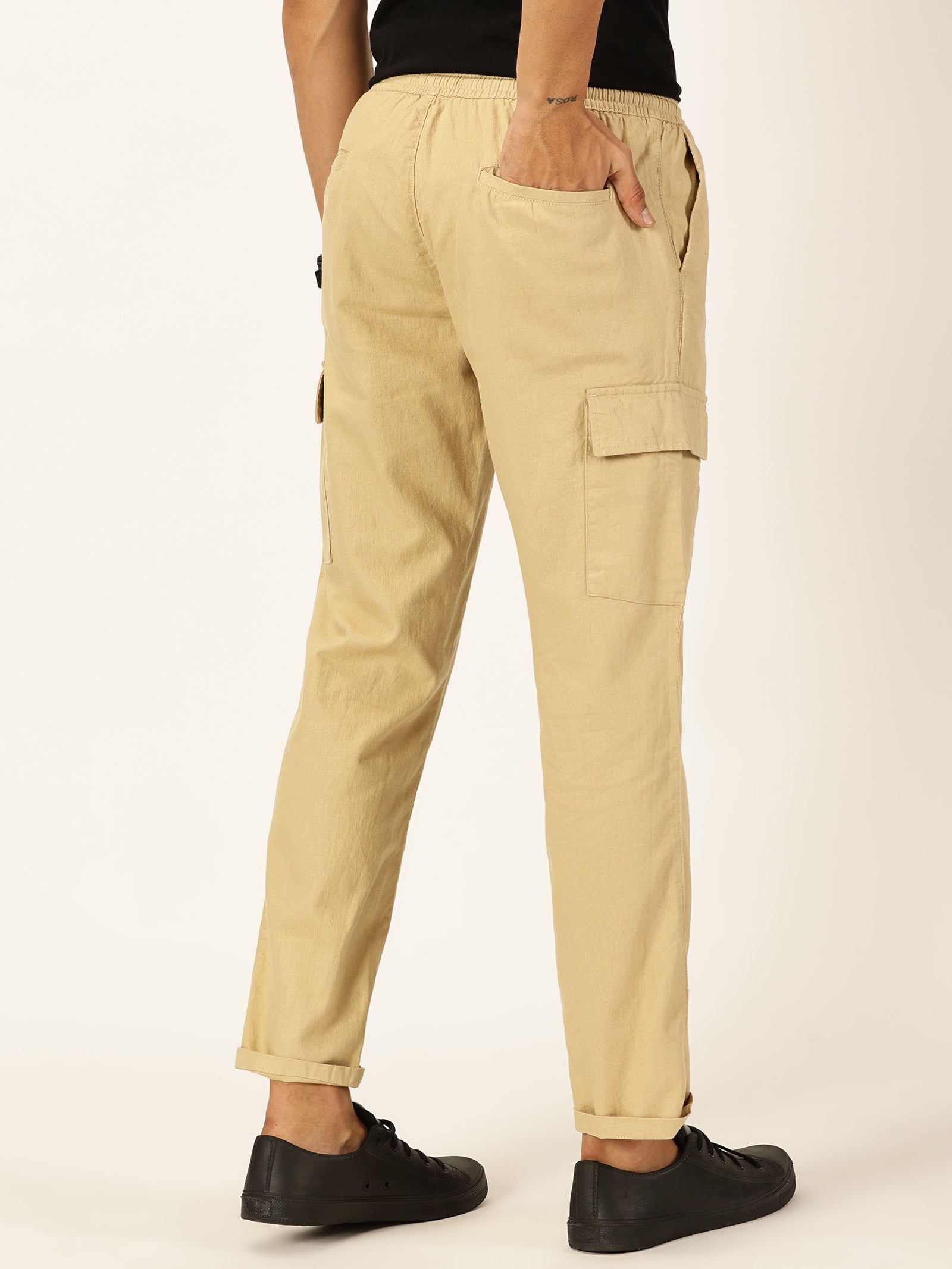 Thomas Scott Men Beige Straight Fit Mid-Rise Cotton Linen Solid Woven Cargo Trouser
