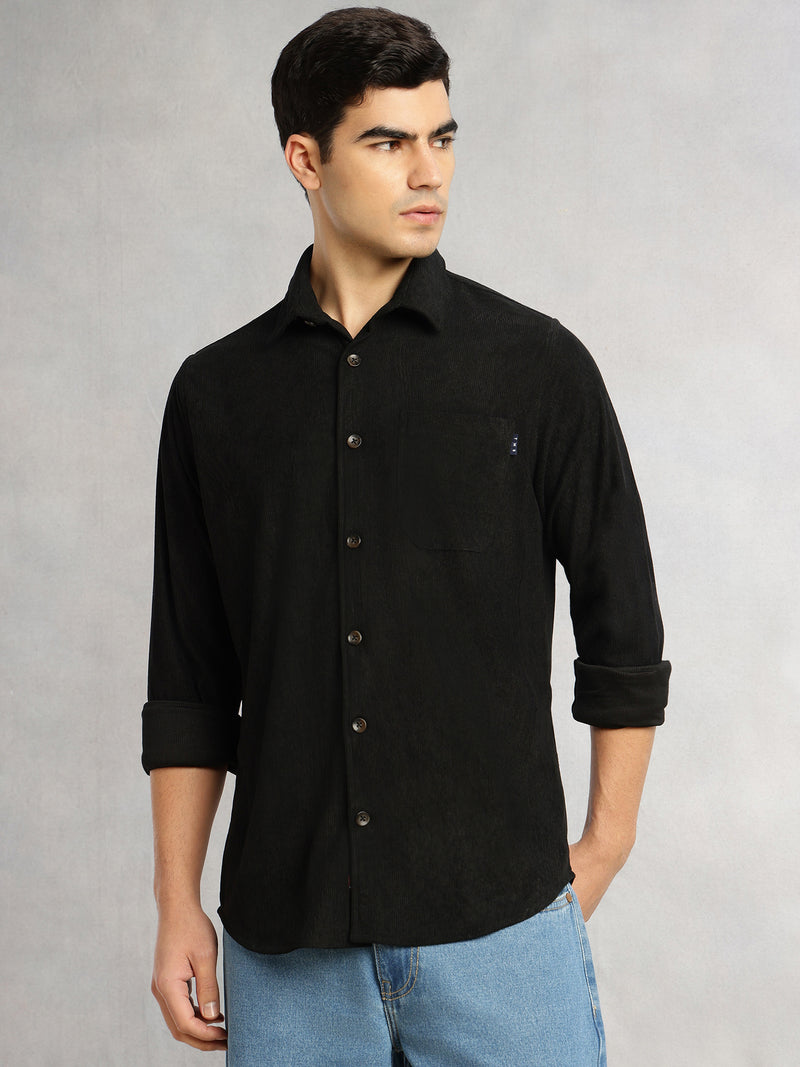 Thomas Scott Men Black Relaxed Fit Long Sleeves Spread Collar Corduroy Casual Shirt