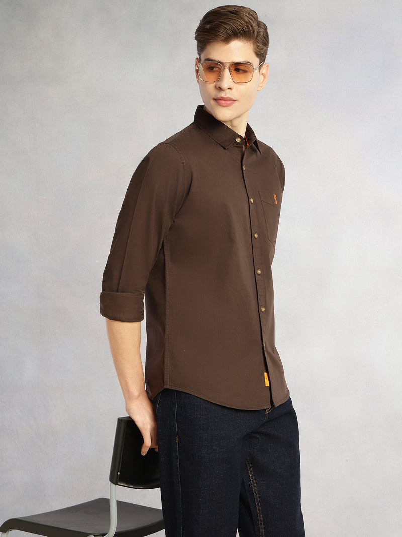 Thomas Scott Men Coffee Cricket Club Collection Long Sleeves Slim Fit Spread Collar 100% Cotton Twill Casual Shirt