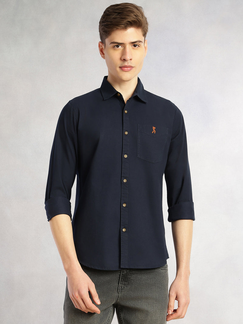 Thomas Scott Men Navy Cricket Club Collection Long Sleeves Slim Fit Spread Collar 100% Cotton Twill Casual Shirt