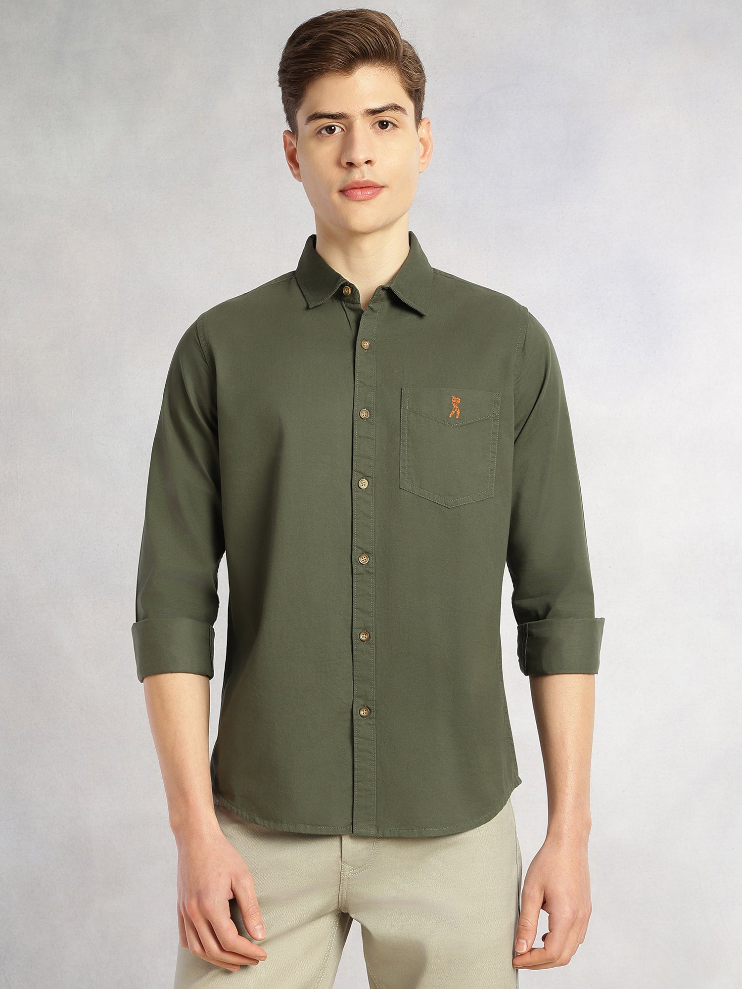Thomas Scott Men Olive Cricket Club Collection Long Sleeves Slim Fit Spread Collar 100% Cotton Twill Casual Shirt