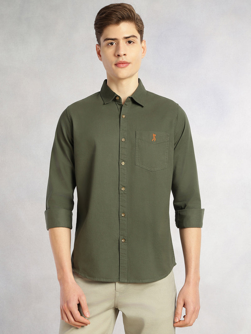Thomas Scott Men Olive Cricket Club Collection Long Sleeves Slim Fit Spread Collar 100% Cotton Twill Casual Shirt