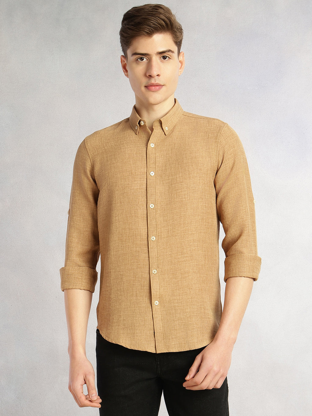 Thomas Scott Men Gold Slim Fit Long Sleeves Button-Down Collar Polyester Casual Shirt