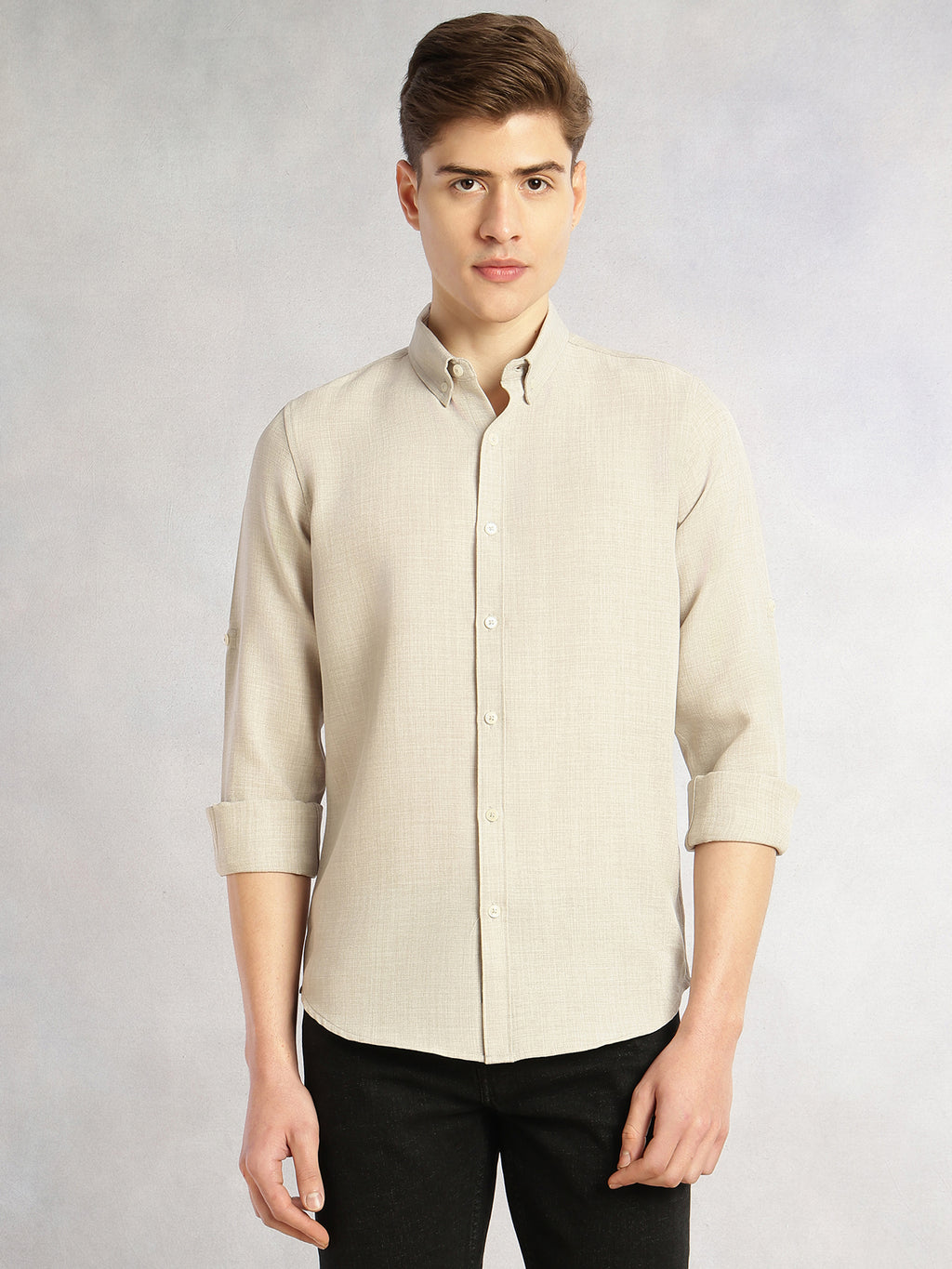 Thomas Scott Men Light Grey Slim Fit Long Sleeves Button-Down Collar Polyester Casual Shirt