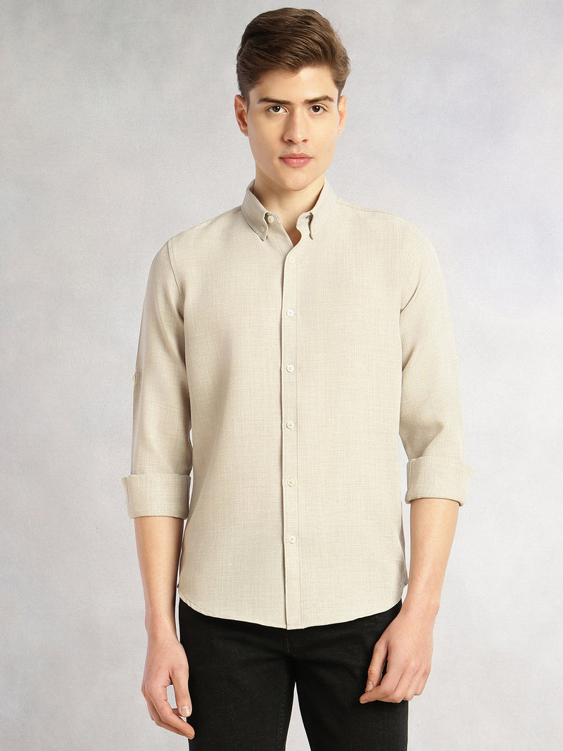 Thomas Scott Men Light Grey Slim Fit Long Sleeves Button-Down Collar Polyester Casual Shirt