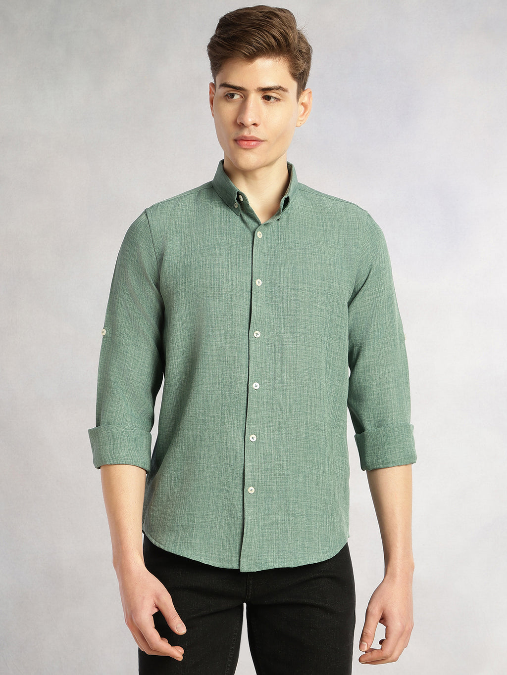 Thomas Scott Men Mint Slim Fit Long Sleeves Button-Down Collar Polyester Casual Shirt