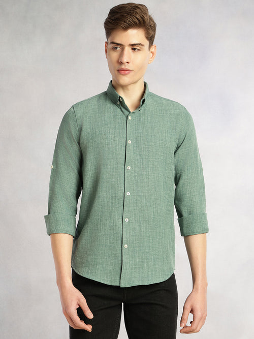 Thomas Scott Men Mint Slim Fit Long Sleeves Button-Down Collar Polyester Casual Shirt