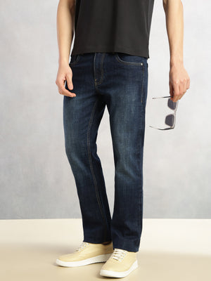 Dark Blue Cricket Club Collection Straight Fit Mid-Rise Faded 5 Pockets Stretchable Jeans For Men