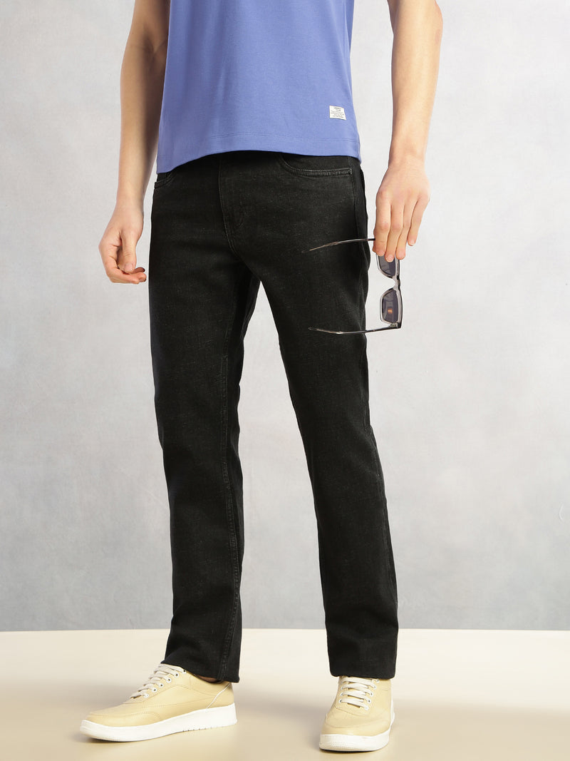 Thomas Scott Men Black Cricket Club Collection Mid-Rise No Faded Straight Fit 5 Pockets Stretchable Jeans