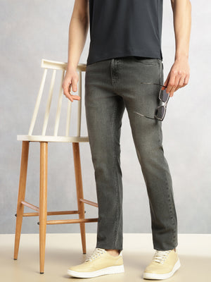 Grey Cricket Club Collection Straight Fit Mid-Rise Faded 5 Pockets Stretchable Jeans For Men