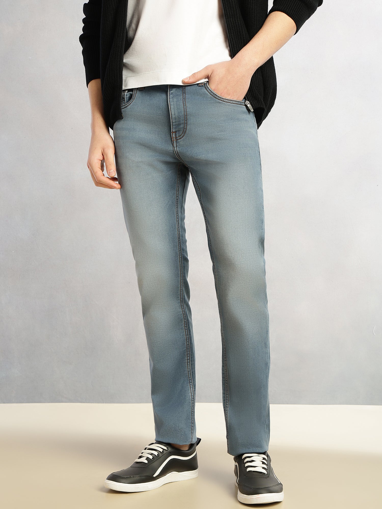 Thomas Scott Men Mid Blue Cricket Club Collection Straight Fit Mid-Rise Faded 5 Pockets Stretchable Jeans