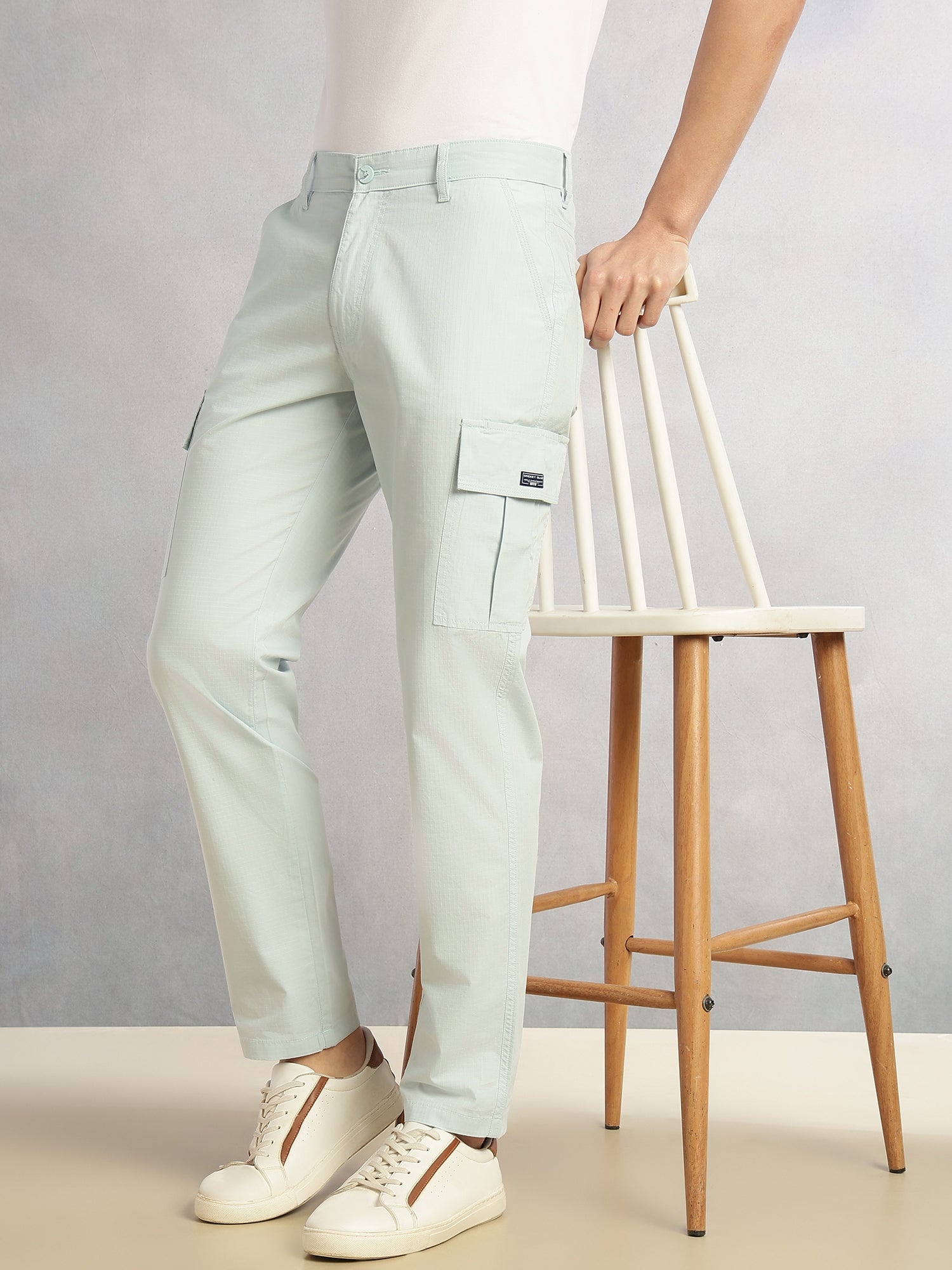 Thomas Scott Men Sky Blue Cricket Club Collection Relaxed Fit Mid-Rise 100% Cotton Woven Cargo Trouser