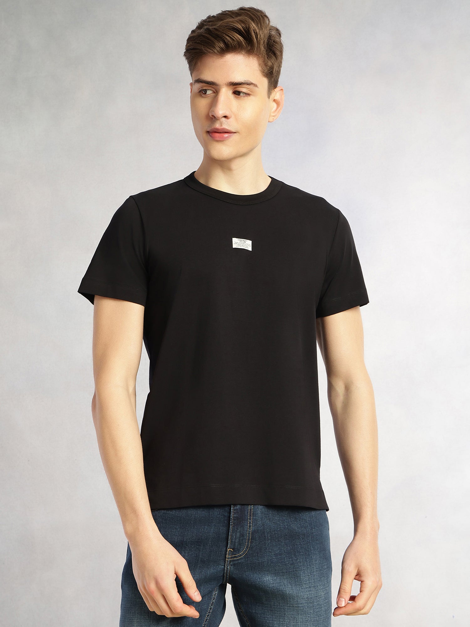 Thomas Scott Men Black Cricket Club Collection Regular Fit Short Sleeves Round Neck Solid Knitted T-Shirt