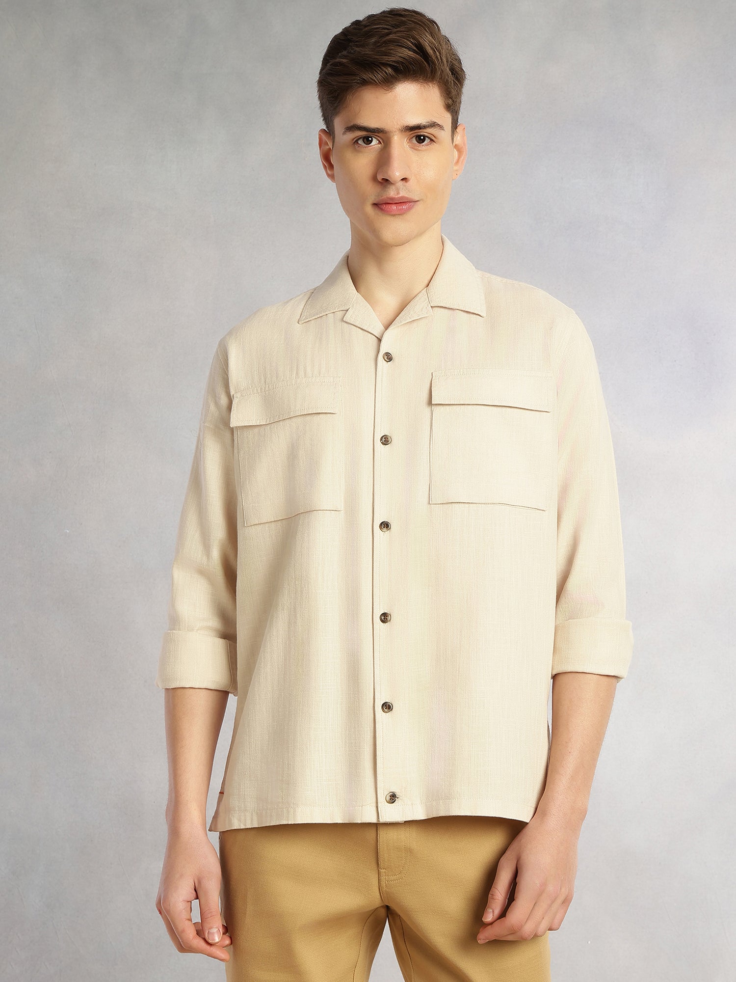 Thomas Scott Men Beige Cricket Club Collection Oversized Fit Long Sleeves Camp Collar 100% Cotton Shacket