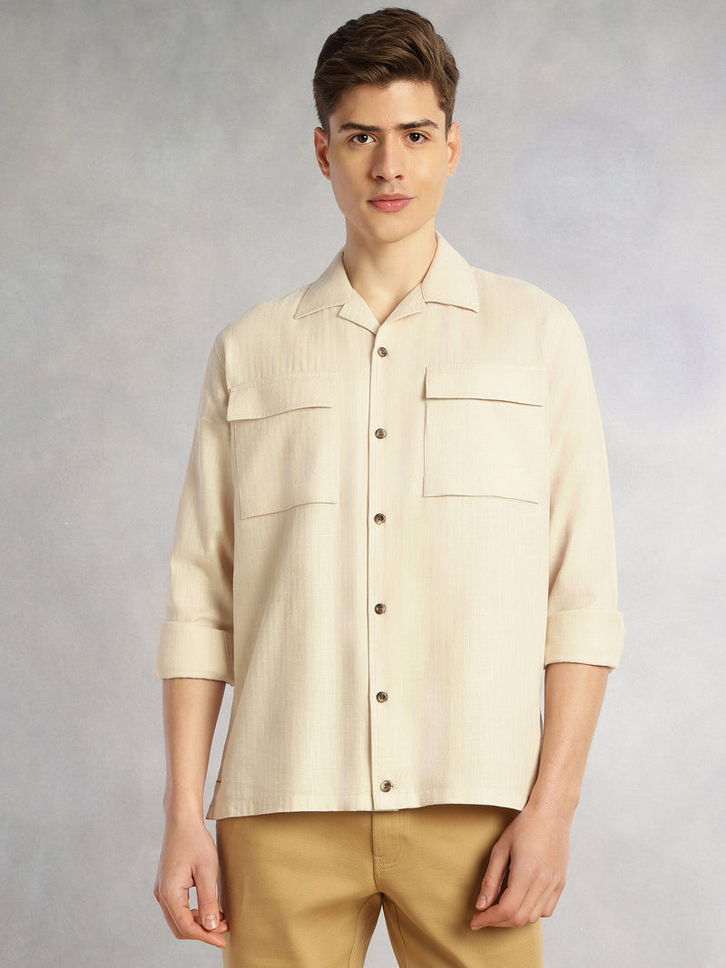 Thomas Scott Men Beige Cricket Club Collection Oversized Fit Long Sleeves Camp Collar 100% Cotton Shacket