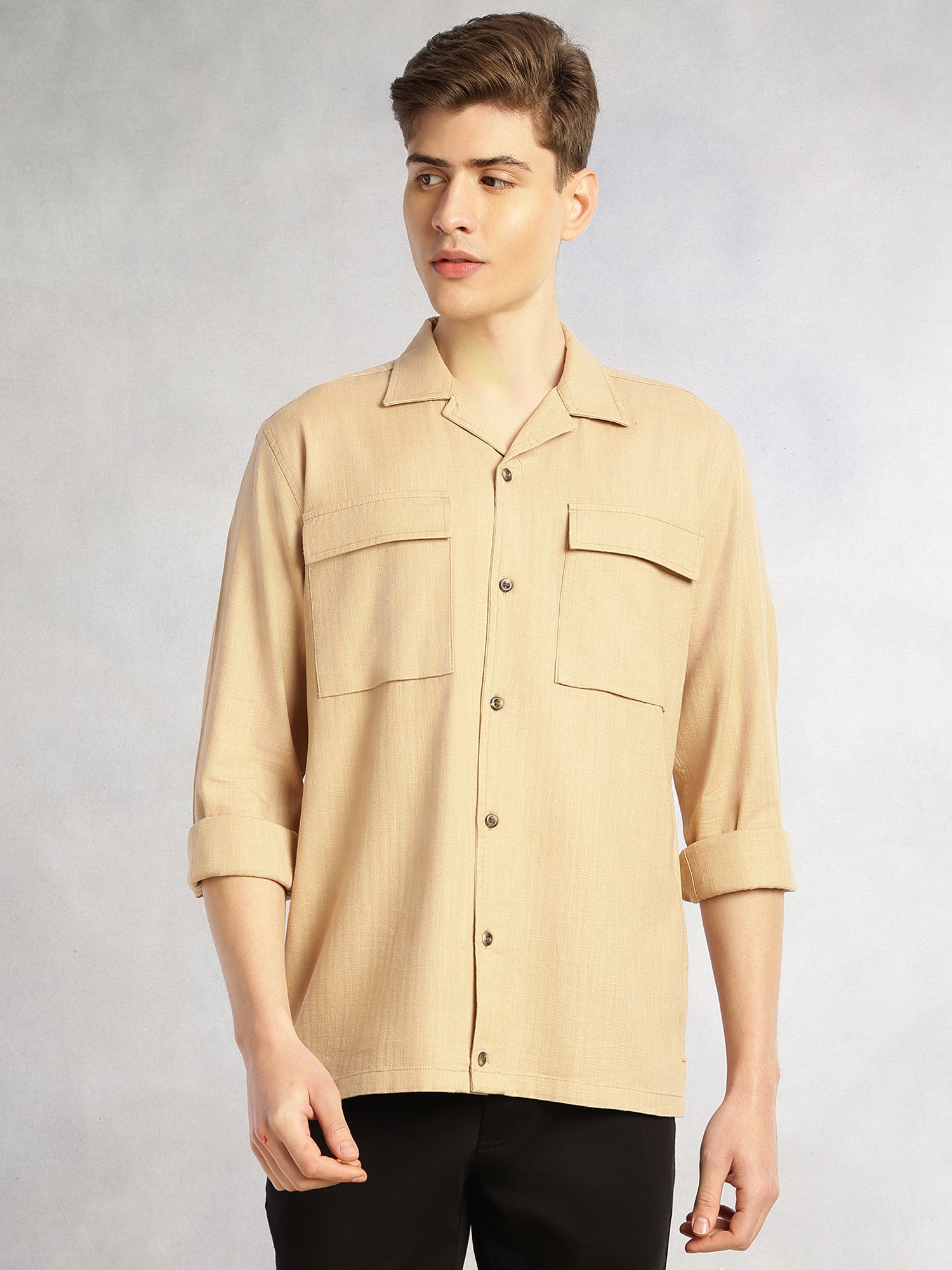 Thomas Scott Men Dark Beige Cricket Club Collection Oversized Fit Long Sleeves Camp Collar 100% Cotton Shacket
