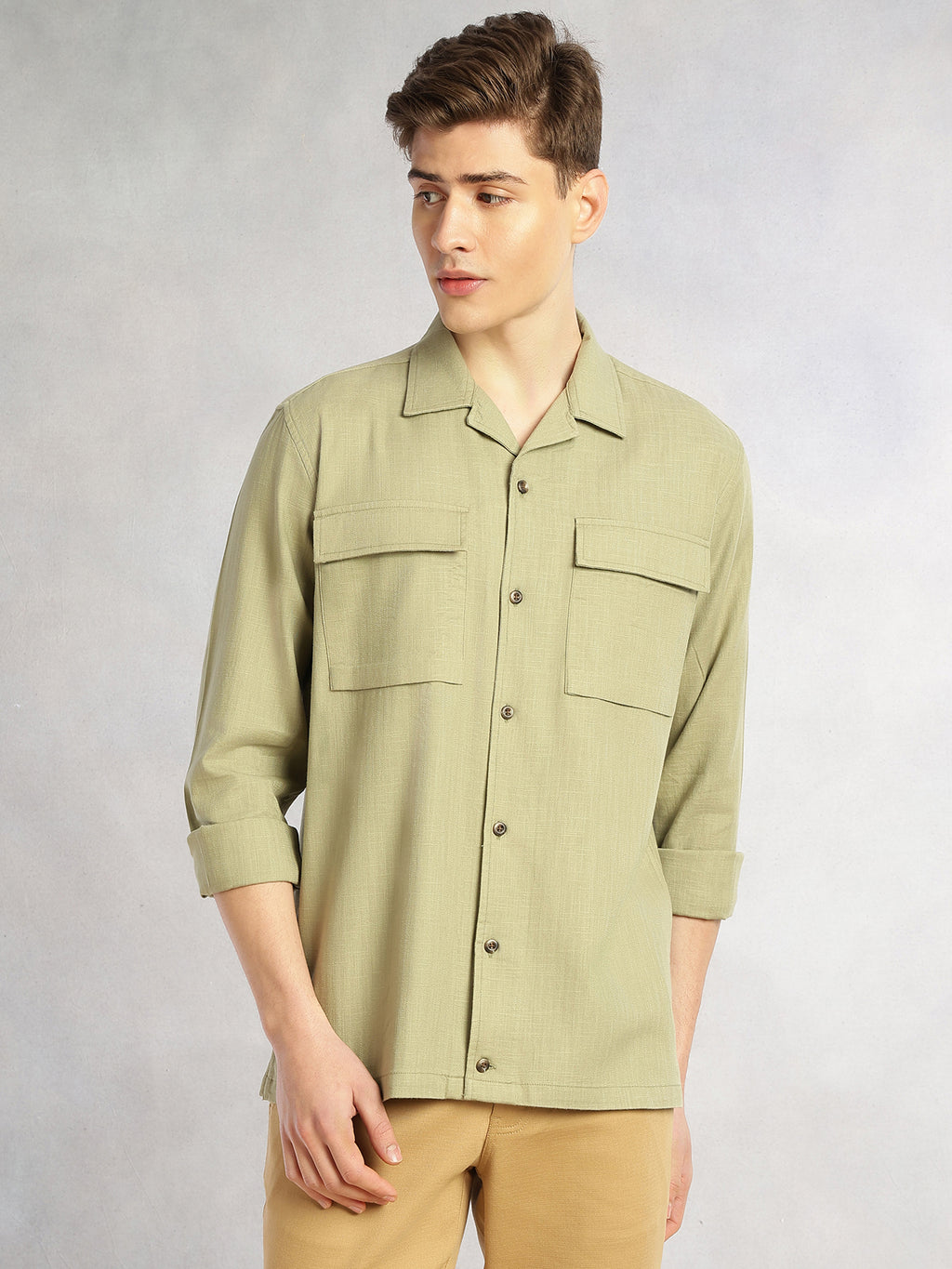 Thomas Scott Men Green Cricket Club Collection Oversized Fit Long Sleeves Camp Collar 100% Cotton Shacket