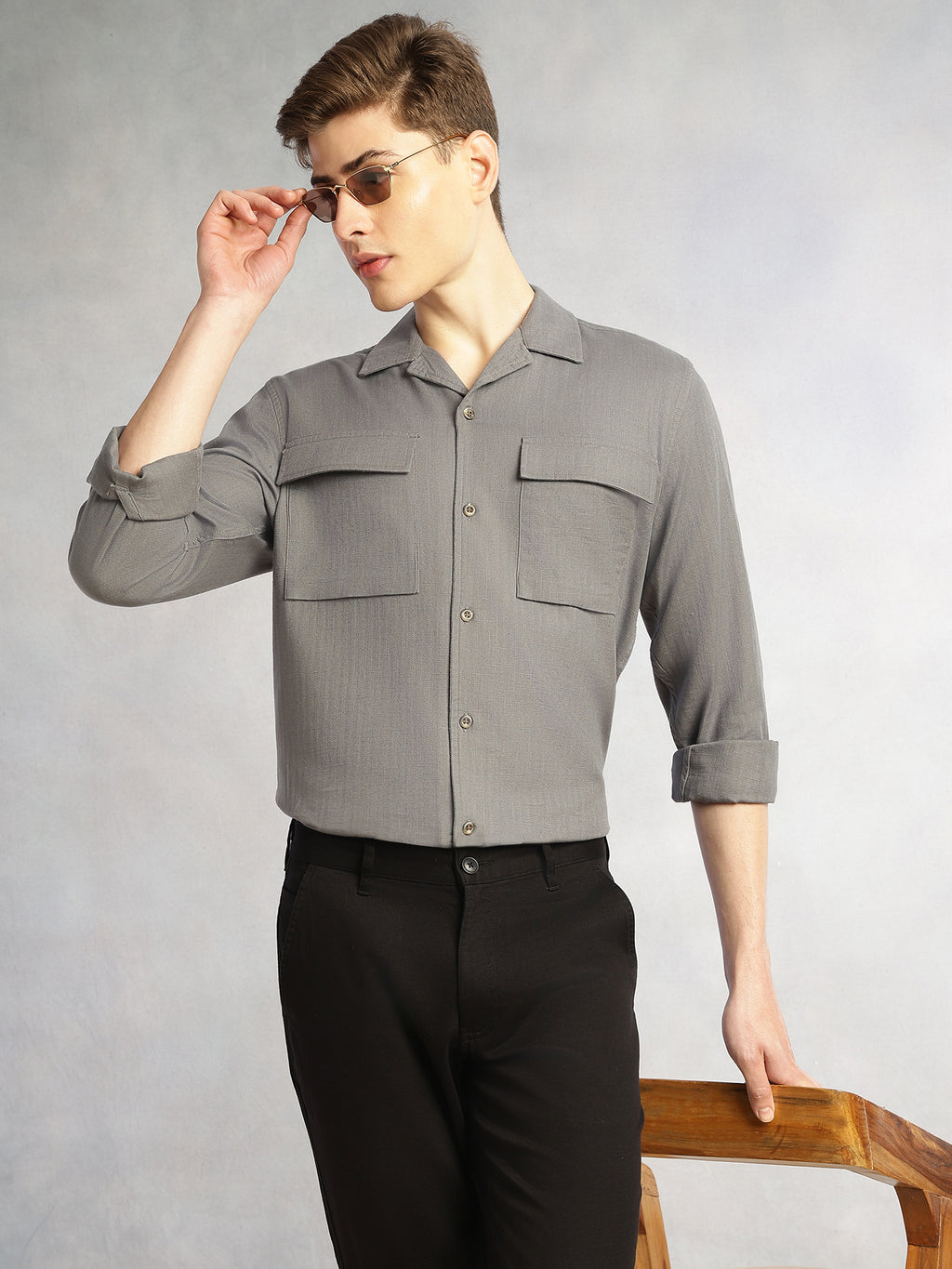 Thomas Scott Men Grey Cricket Club Collection Oversized Fit Long Sleeves Camp Collar 100% Cotton Shacket