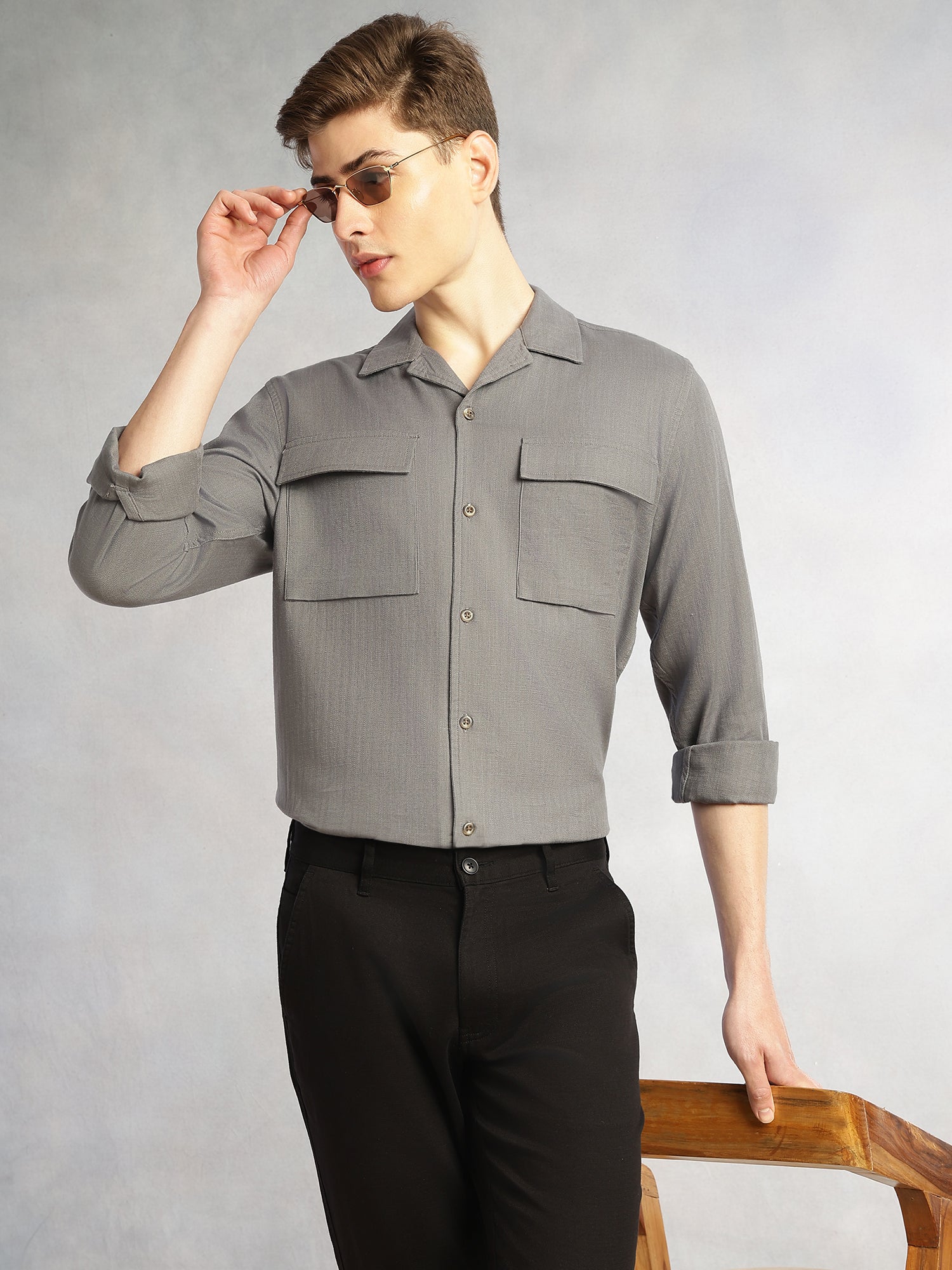 Thomas Scott Men Grey Cricket Club Collection Oversized Fit Long Sleeves Camp Collar 100% Cotton Shacket