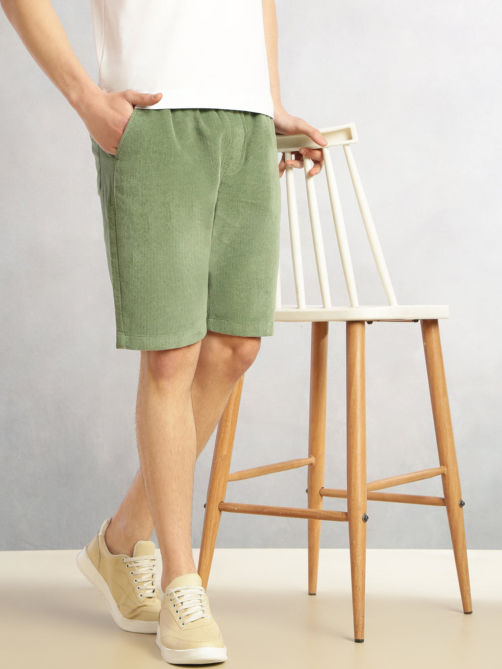 Thomas Scott Men Light Olive Cricket Club Collection Regular Fit Mid-Rise Woven Cotrises Corduroy Shorts