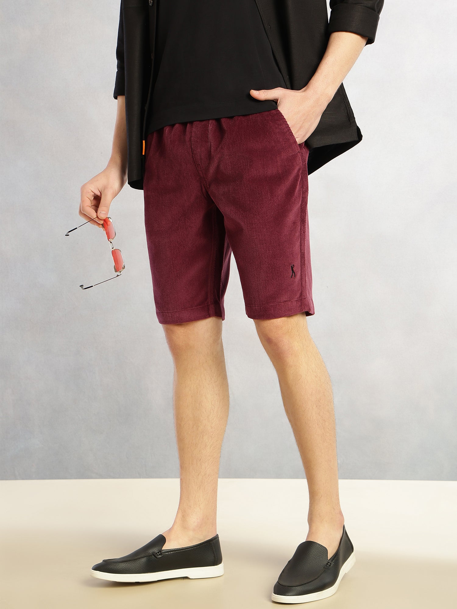 Thomas Scott Men Wine Cricket Club Collection Regular Fit Mid-Rise Woven Cotrises Corduroy Shorts