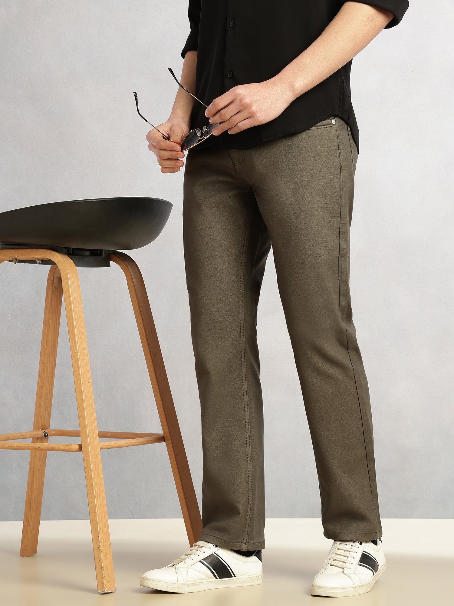 Thomas Scott Men Olive Cricket Club Collection Mid-Rise Straight Fit No Fade Stretchable Jeans