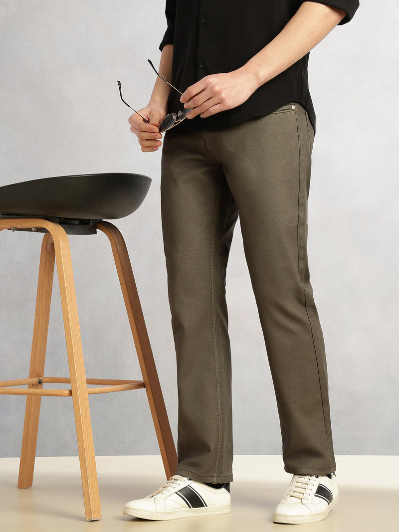 Thomas Scott Men Olive Cricket Club Collection Mid-Rise Straight Fit No Fade Stretchable Jeans
