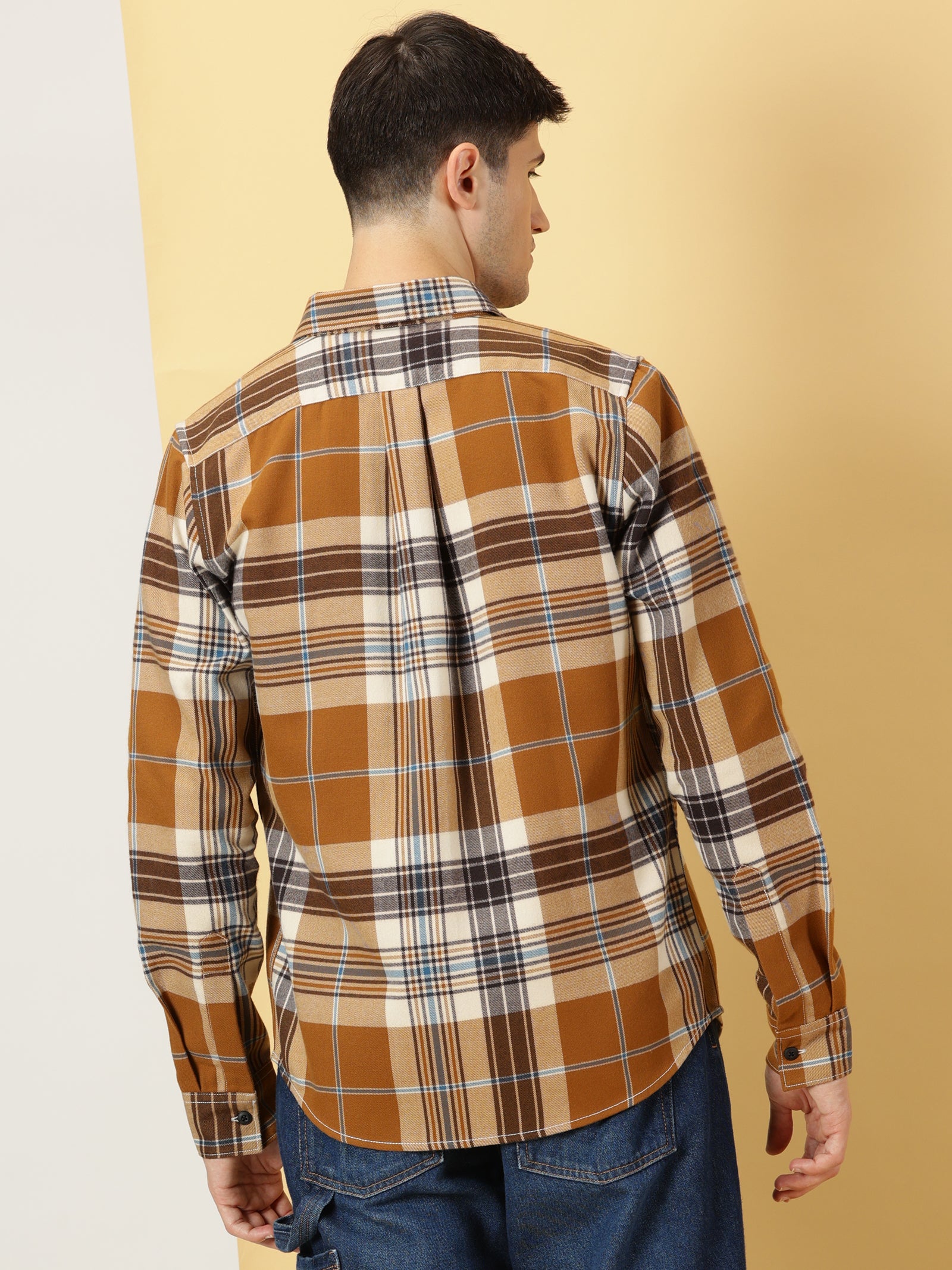 Thomas Scott Men Brown Regular Fit Long Sleeves Spread Collar Tartan Checks Double Pocket Knitted Casual Shirt