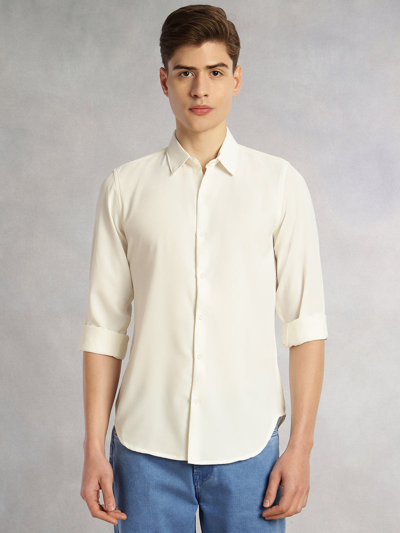 Thomas Scott Men White Regular Fit Full Sleeves Spread Collar Solid Polyester Casual Shirt