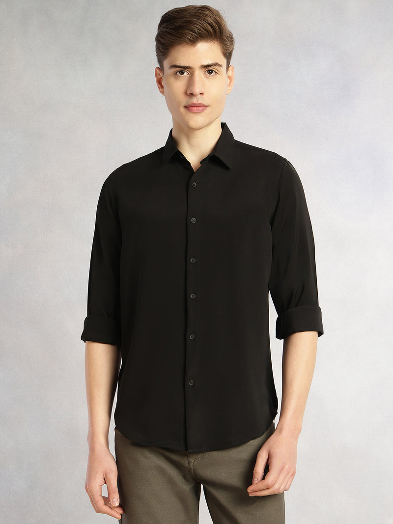 Thomas Scott Men Black Regular Fit Full Sleeves Spread Collar Solid Polyester Casual Shirt