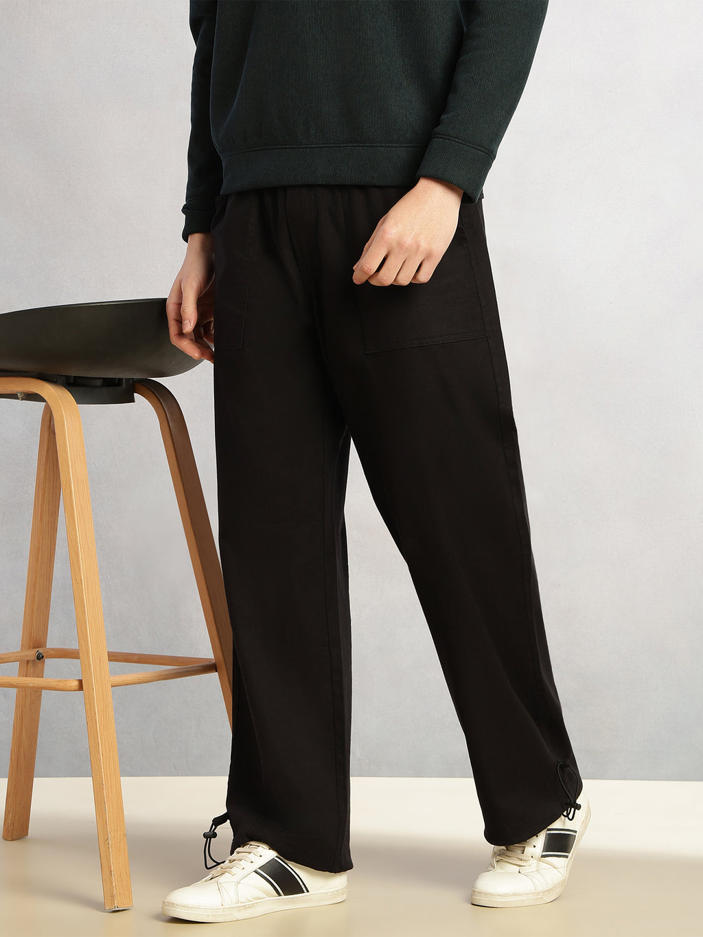 Thomas Scott Men Black Regular Fit Mid-Rise Solid Woven Trousers with Drawstring Closure & Four Pockets