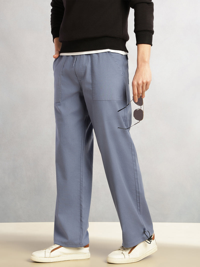 Thomas Scott Men Blue Regular Fit Mid-Rise Solid Woven Trousers with Drawstring Closure & Four Pockets