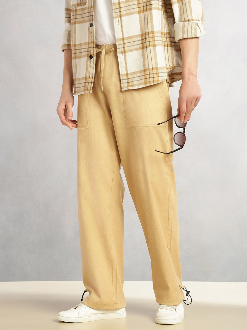 Thomas Scott Men Khaki Regular Fit Mid-Rise Solid Woven Trousers with Drawstring Closure & Four Pockets