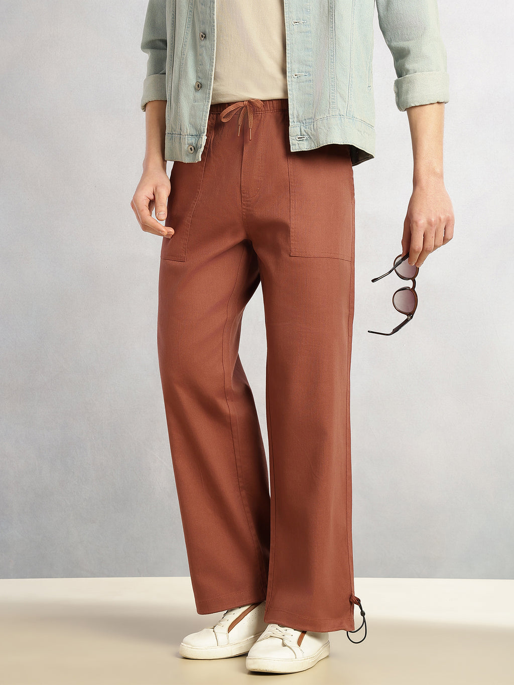 Thomas Scott Men Rust Regular Fit Mid-Rise Solid Woven Trousers with Drawstring Closure & Four Pockets