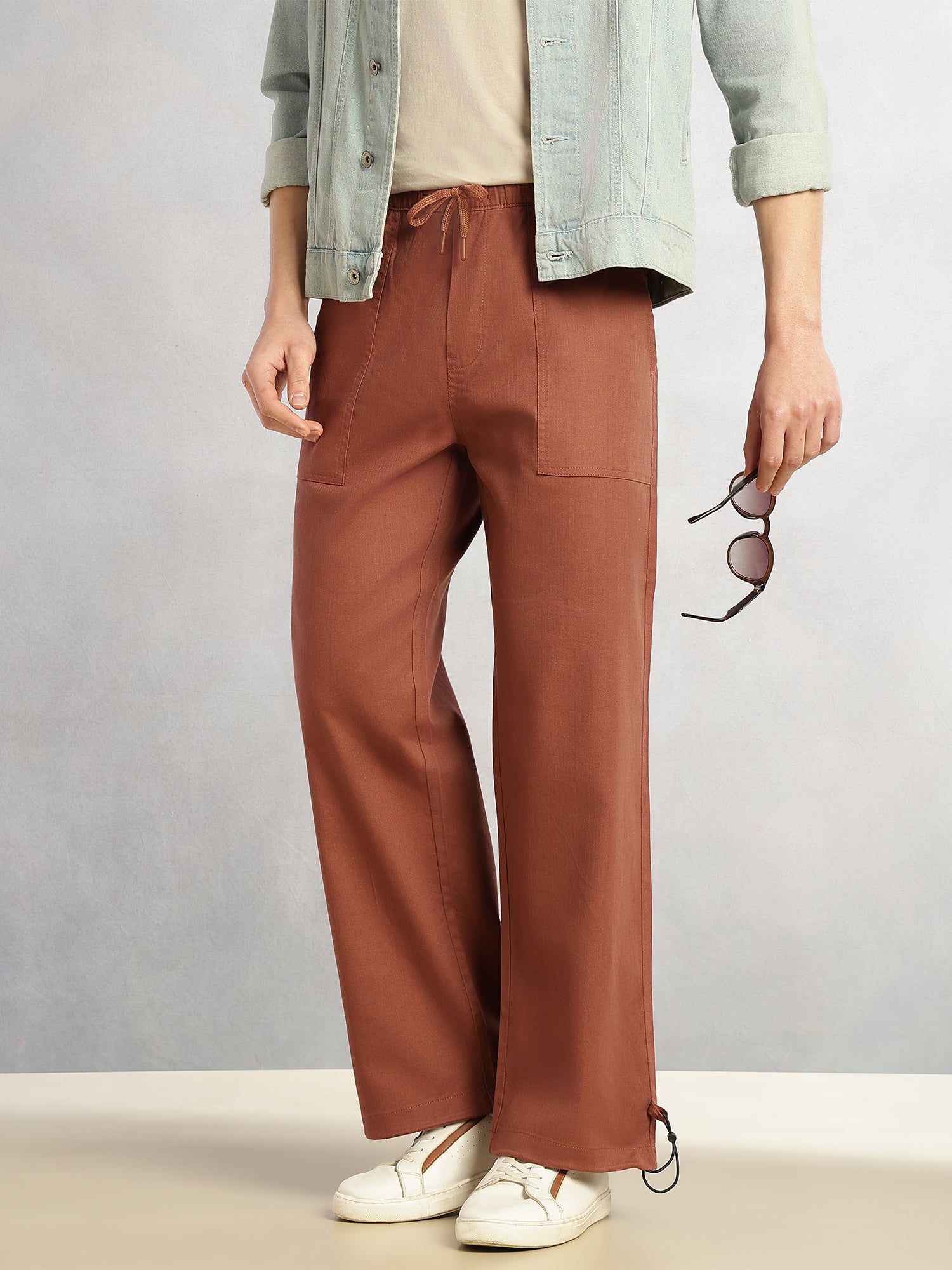 Thomas Scott Men Rust Regular Fit Mid-Rise Solid Woven Trousers with Drawstring Closure & Four Pockets
