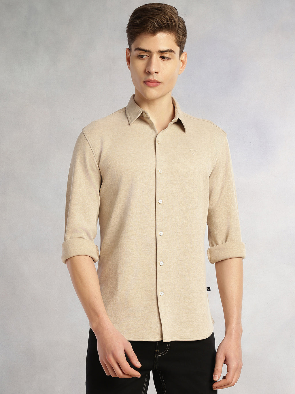 Thomas Scott Men Beige Slim Fit Long Sleeves Spread Collar Solid Knitted Shirt