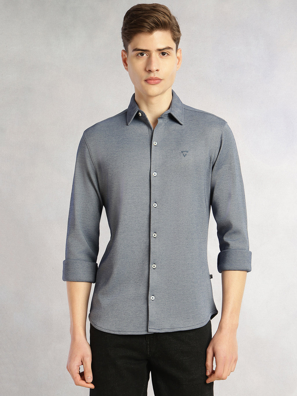 Thomas Scott Men Navy Slim Fit Long Sleeves Spread Collar Solid Knitted Shirt