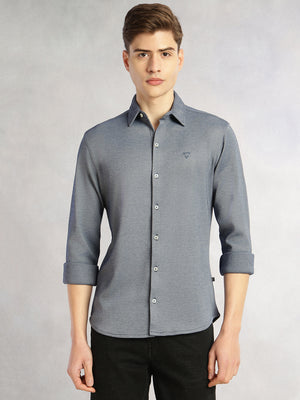 Thomas Scott Men Navy Slim Fit Long Sleeves Spread Collar Solid Knitted Shirt