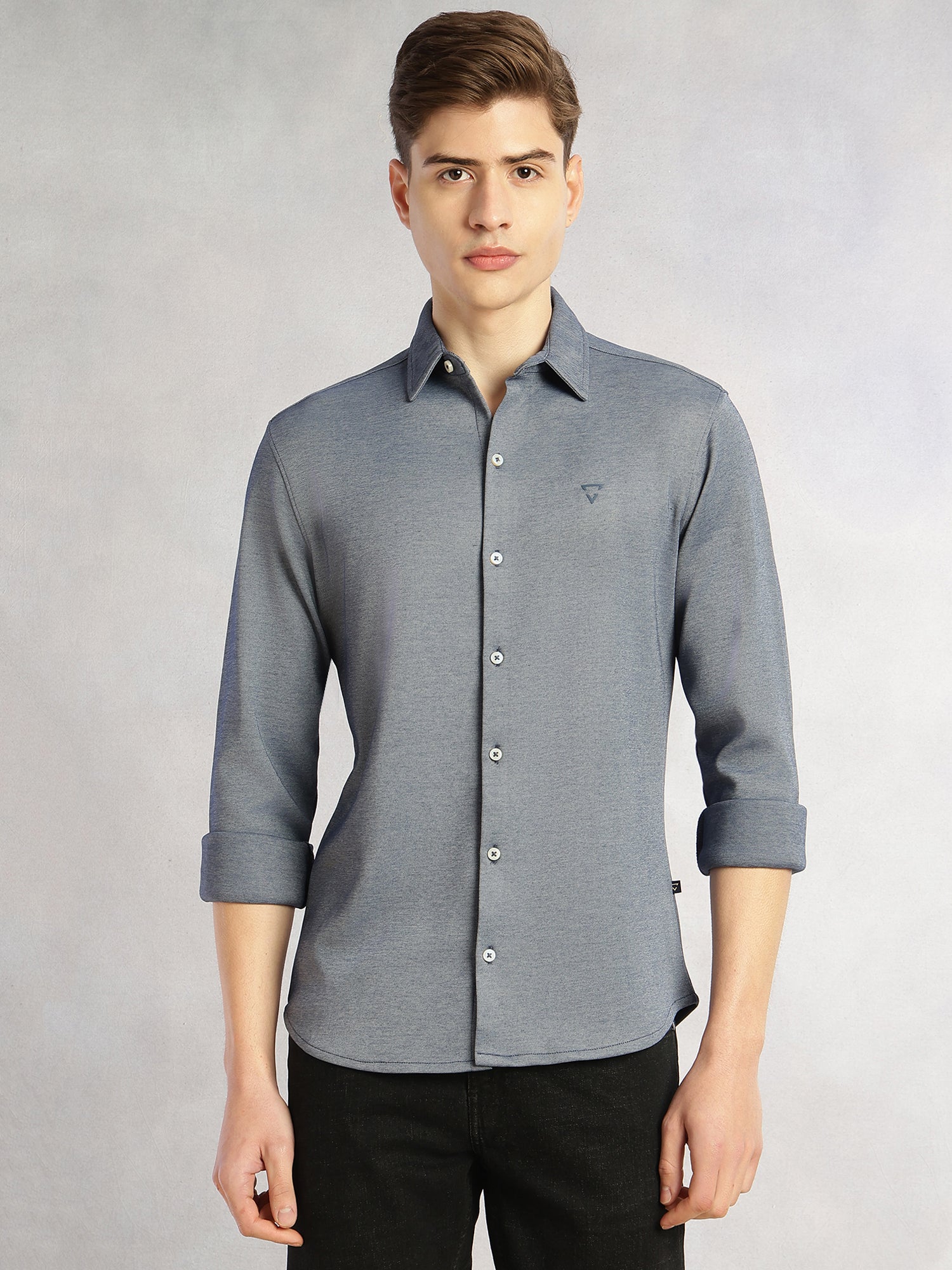 Thomas Scott Men Navy Slim Fit Long Sleeves Spread Collar Solid Knitted Shirt