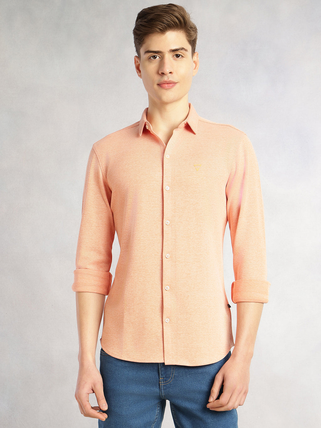 Thomas Scott Men Peach Slim Fit Long Sleeves Spread Collar Solid Knitted Shirt