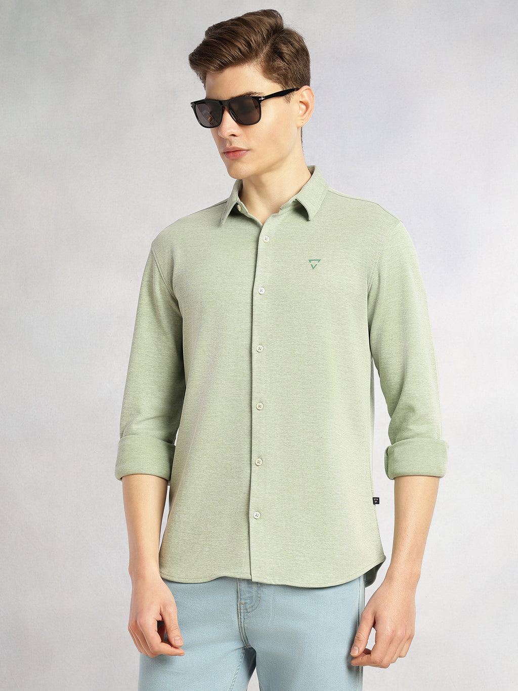 Thomas Scott Men Sage Green Slim Fit Long Sleeves Spread Collar Solid Knitted Shirt