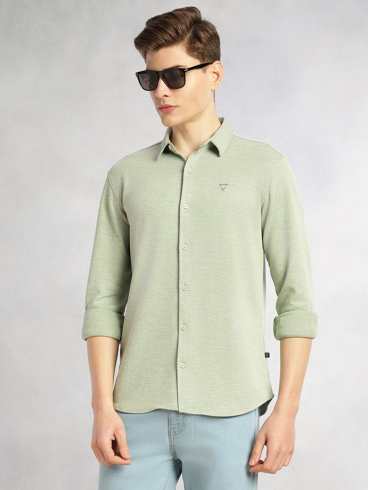 Thomas Scott Men Sage Green Slim Fit Long Sleeves Spread Collar Solid Knitted Shirt