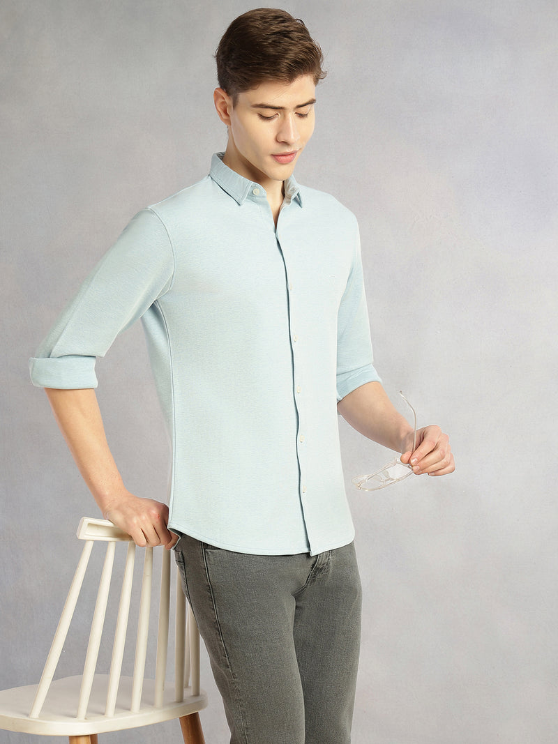 Thomas Scott Men Sky Blue Slim Fit Long Sleeves Spread Collar Solid Knitted Shirt