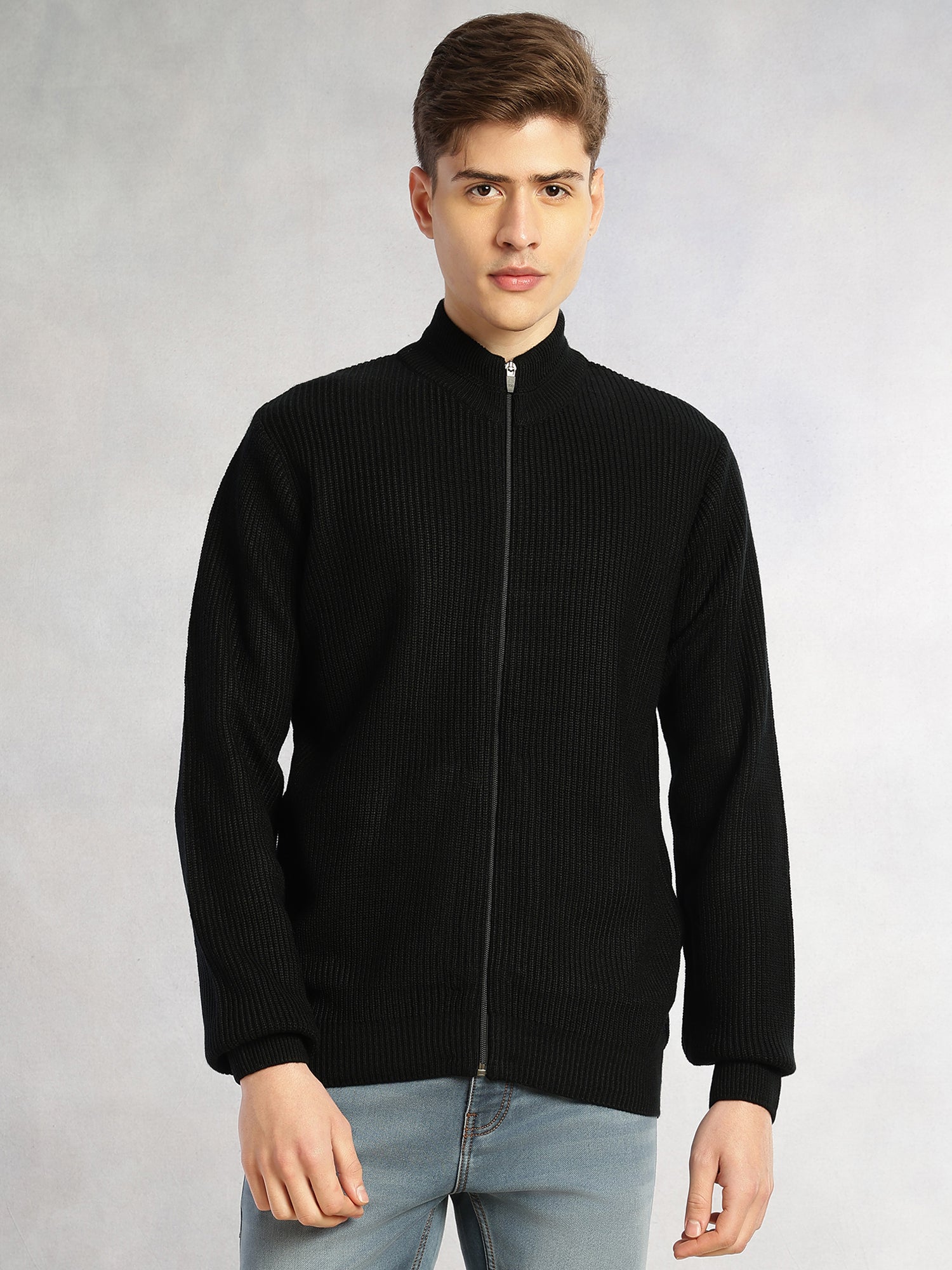 Thomas Scott Men Black Regular Fit Long Sleeves Zip Closure Mock Collar Acrylic Knitted Sweatshirt