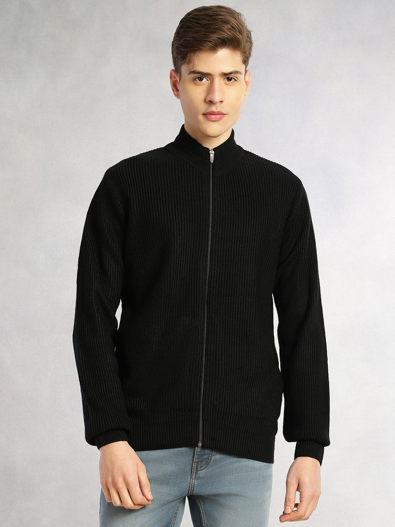 Thomas Scott Men Black Regular Fit Long Sleeves Zip Closure Mock Collar Acrylic Knitted Sweatshirt
