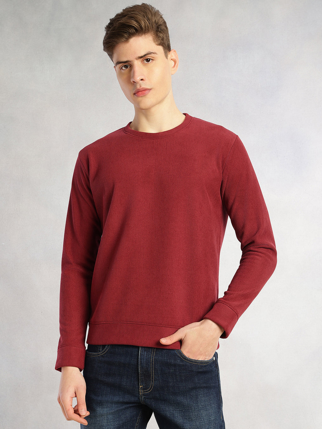 Thomas Scott Men Maroon Regular Fit Long Sleeves Round Neck Solid Polyester Pullover Sweatshirt