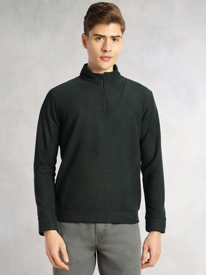 Thomas Scott Men Bottle Green Regular Fit Long Sleeves Mock Neck Half-Zip Solid Polyester Knitted Sweatshirt
