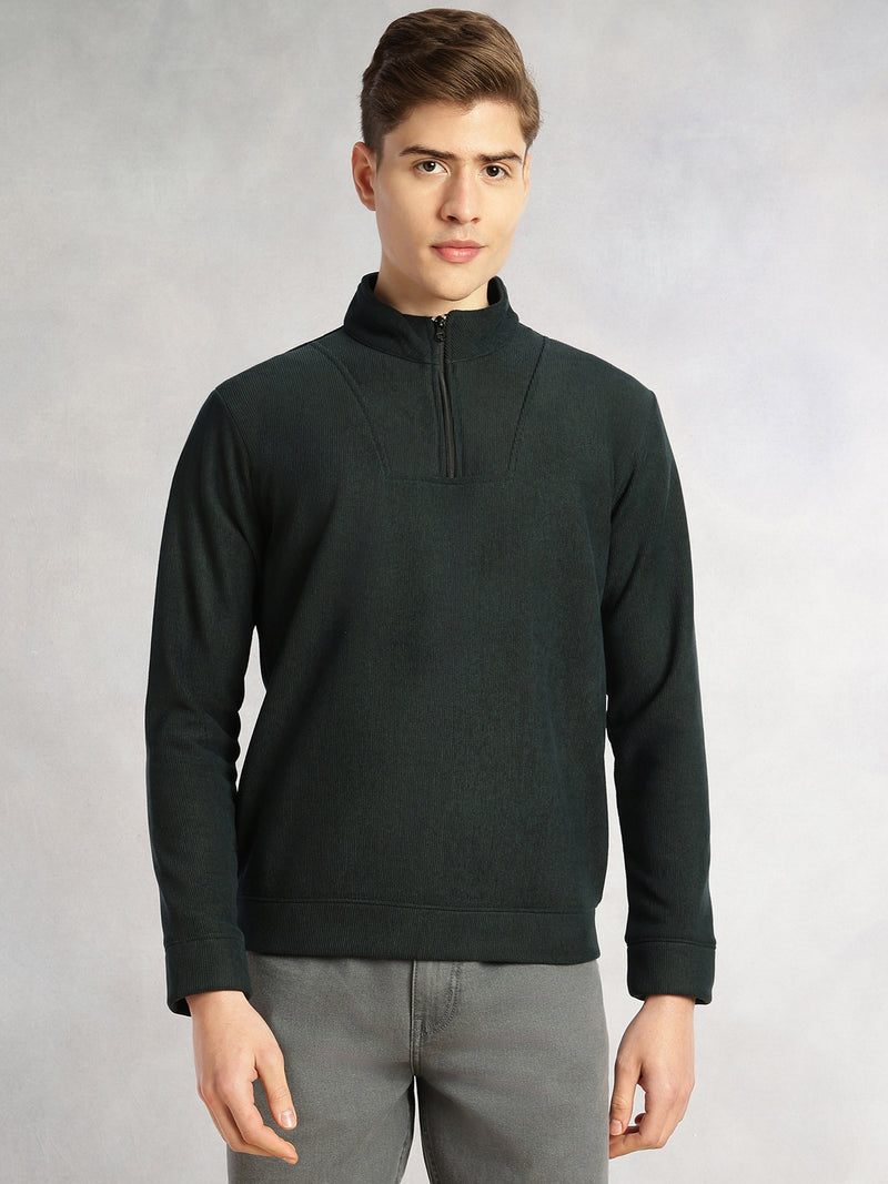 Thomas Scott Men Bottle Green Regular Fit Long Sleeves Mock Neck Half-Zip Solid Polyester Knitted Sweatshirt